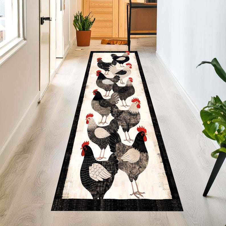 Barnyard Rooster Kitchen Runner Rug: Black White Farmhouse ChickenCarpet, Non-Slip Machine-Washable