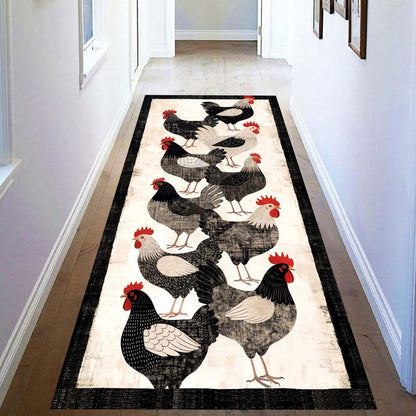 Barnyard Rooster Kitchen Runner Rug: Black White Farmhouse ChickenCarpet, Non-Slip Machine-Washable