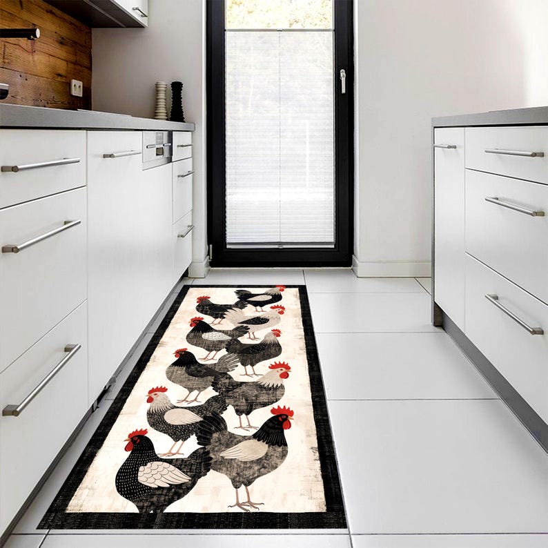 Barnyard Rooster Kitchen Runner Rug: Black White Farmhouse ChickenCarpet, Non-Slip Machine-Washable