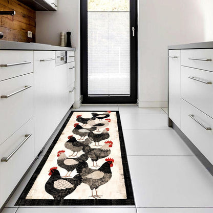 Barnyard Rooster Kitchen Runner Rug: Black White Farmhouse ChickenCarpet, Non-Slip Machine-Washable