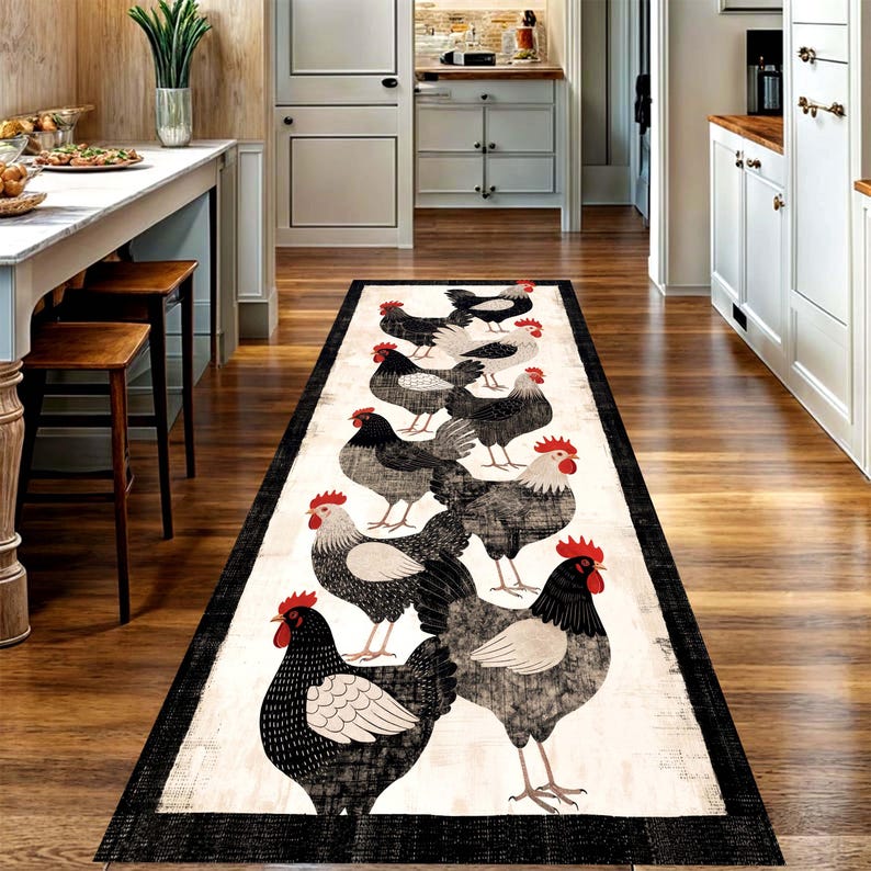Barnyard Rooster Kitchen Runner Rug: Black White Farmhouse ChickenCarpet, Non-Slip Machine-Washable