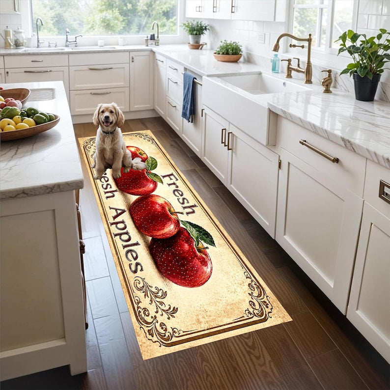 Fresh Apples Kitchen Runner Rug: Vintage Orchard Farmhouse Carpet, Non-Slip Machine-Washable