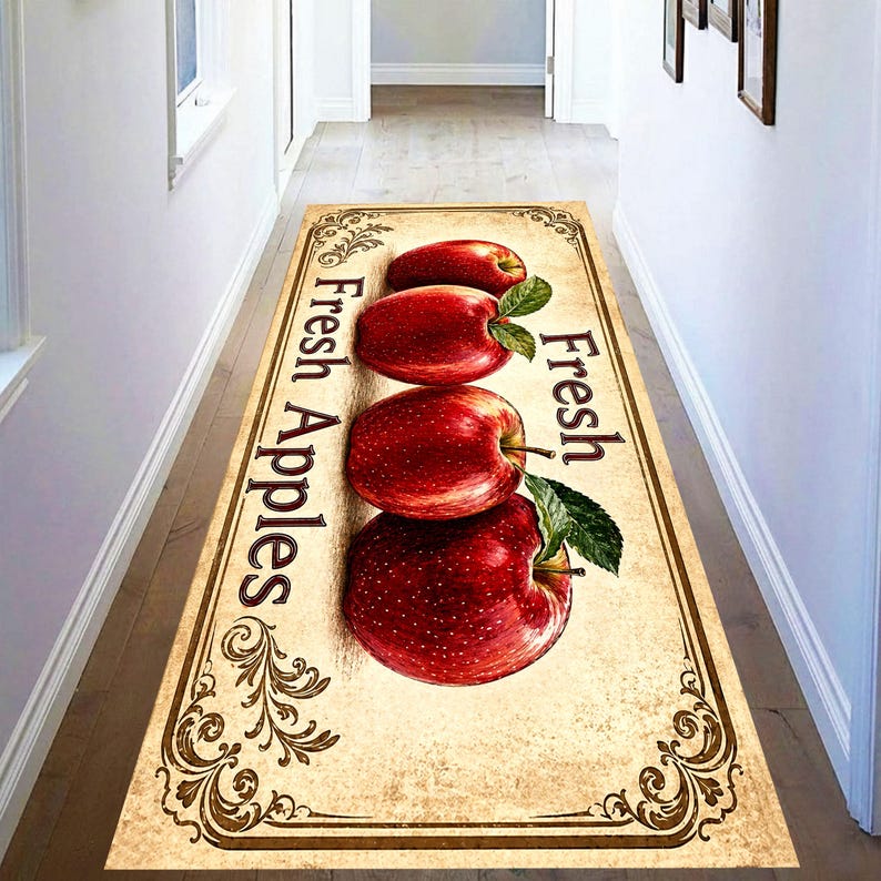 Fresh Apples Kitchen Runner Rug: Vintage Orchard Farmhouse Carpet, Non-Slip Machine-Washable