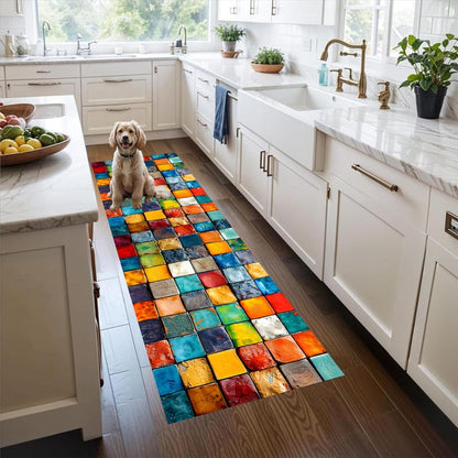 Colorful Mosaic Tile Runner Rug: Glossy Square Pattern Carpet, Machine-Washable Non-Slip