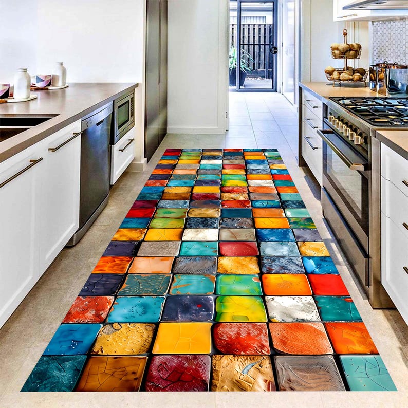 Colorful Mosaic Tile Runner Rug: Glossy Square Pattern Carpet, Machine-Washable Non-Slip