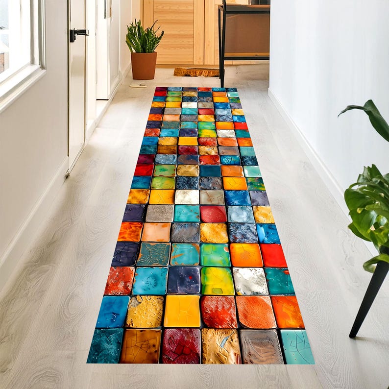 Colorful Mosaic Tile Runner Rug: Glossy Square Pattern Carpet, Machine-Washable Non-Slip