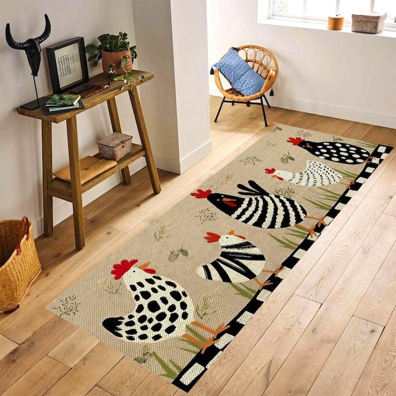 Chicken Printed Runner Rug: Farmhouse Kitchen Hallway Carpet, Non-Slip Machine-Washable
