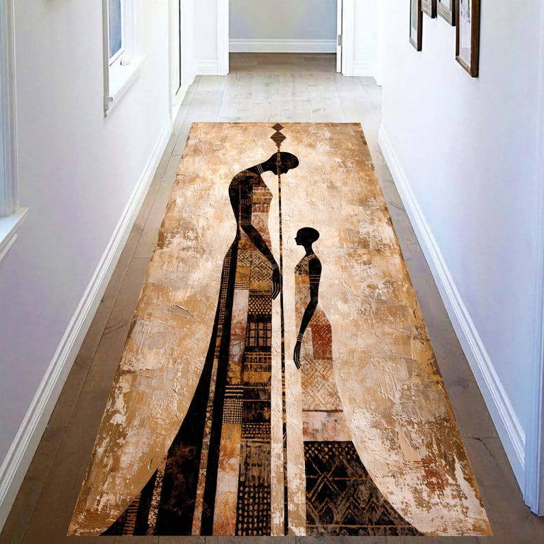 African Tribal Runner Rug: Abstract Mother Child Hallway Carpet, Non-Slip Machine-Washable