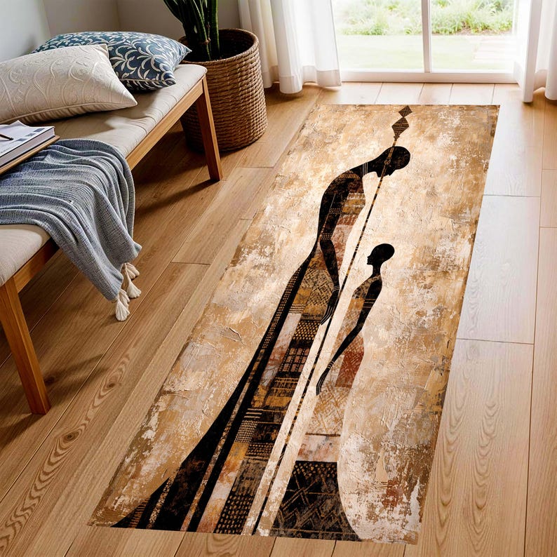 African Tribal Runner Rug: Abstract Mother Child Hallway Carpet, Non-Slip Machine-Washable