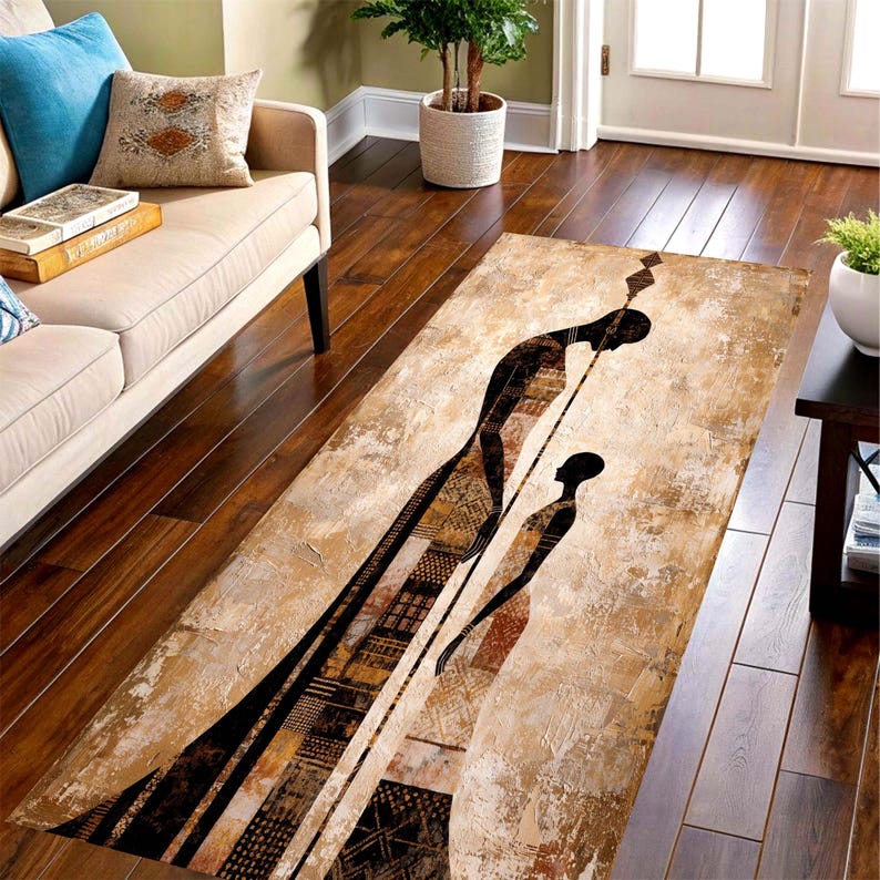 African Tribal Runner Rug: Abstract Mother Child Hallway Carpet, Non-Slip Machine-Washable