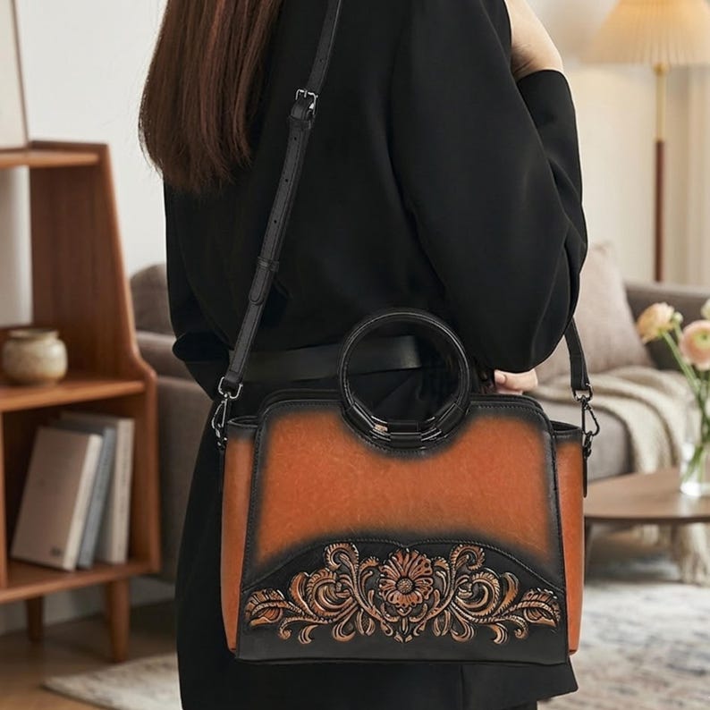 Hand Painted Floral Leather Shoulder Bag Boho Ethnic Crossbody Purse for Women Artisan Embossed Sling Unique Handmade Anniversary Gift