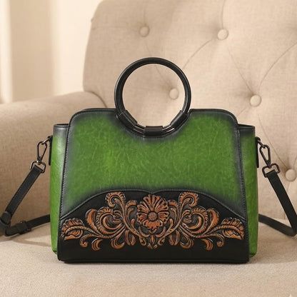 Hand Painted Floral Leather Shoulder Bag Boho Ethnic Crossbody Purse for Women Artisan Embossed Sling Unique Handmade Anniversary Gift