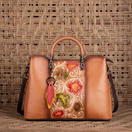 Vegetable Tanned Tooled Leather Shoulder Purse Embossed Cowhide Crossbody Bag for Women Artisan Vintage Everyday Tote Handmade Gift