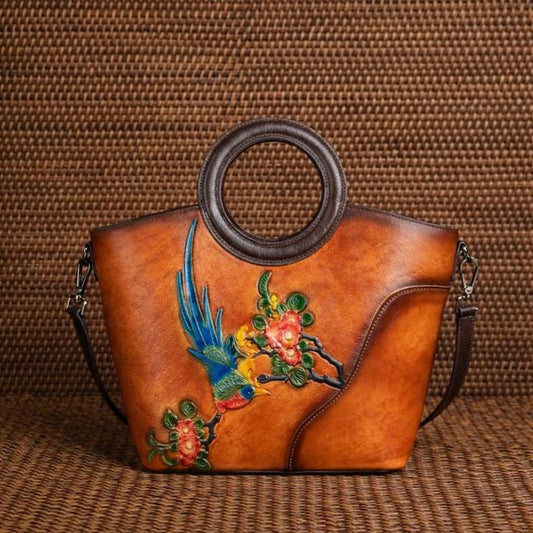 Hand Painted Bird Leather Tote Bag Women Personalized Embossed Floral Shoulder Handbag Vintage Tan Ring Handle Artisan Boho Gift for Her