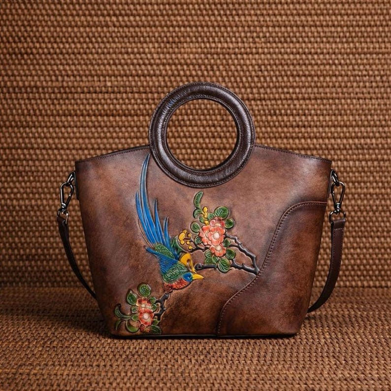 Hand Painted Bird Leather Tote Bag Women Personalized Embossed Floral Shoulder Handbag Vintage Tan Ring Handle Artisan Boho Gift for Her