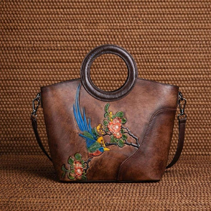 Hand Painted Bird Leather Tote Bag Women Personalized Embossed Floral Shoulder Handbag Vintage Tan Ring Handle Artisan Boho Gift for Her