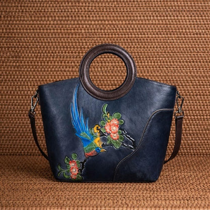 Hand Painted Bird Leather Tote Bag Women Personalized Embossed Floral Shoulder Handbag Vintage Tan Ring Handle Artisan Boho Gift for Her