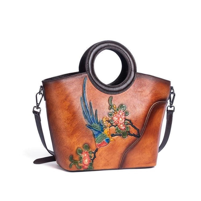 Hand Painted Bird Leather Tote Bag Women Personalized Embossed Floral Shoulder Handbag Vintage Tan Ring Handle Artisan Boho Gift for Her