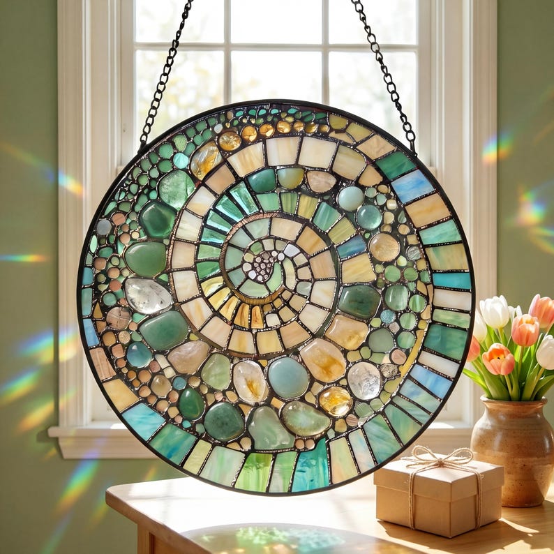Abstract Rainbow Shell Spiral Suncatcher, Stained Glass Coastal Beach Decor, Ocean Inspired Window Hanging Gift