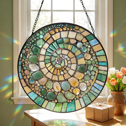 Abstract Rainbow Shell Spiral Suncatcher, Stained Glass Coastal Beach Decor, Ocean Inspired Window Hanging Gift