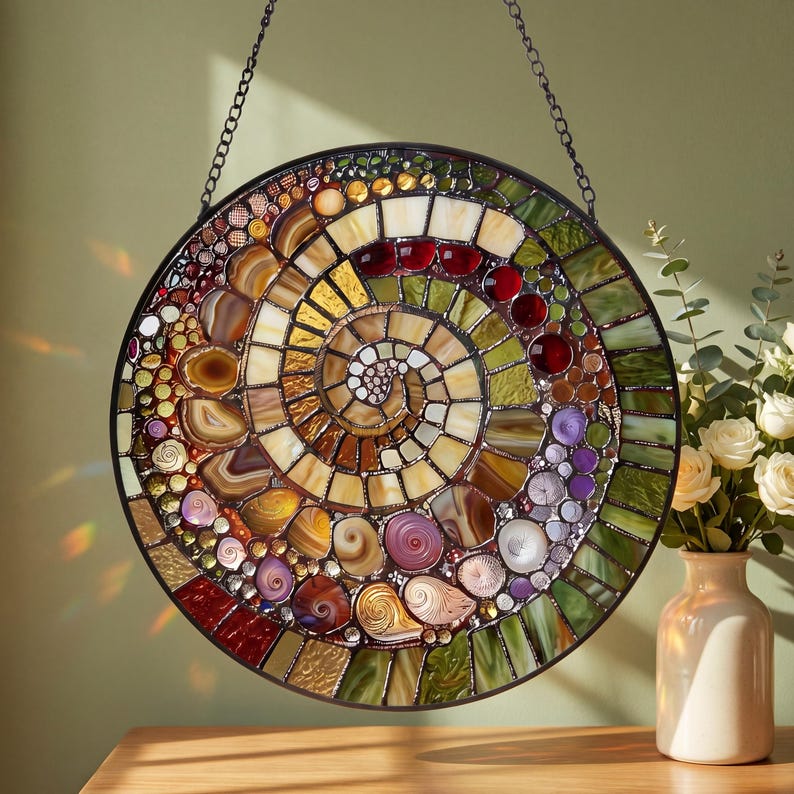 Abstract Rainbow Shell Spiral Suncatcher, Stained Glass Coastal Beach Decor, Ocean Inspired Window Hanging Gift