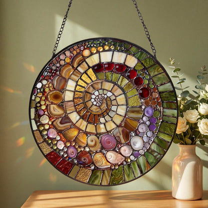 Abstract Rainbow Shell Spiral Suncatcher, Stained Glass Coastal Beach Decor, Ocean Inspired Window Hanging Gift