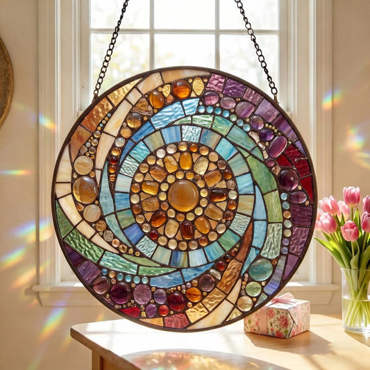 Rainbow Spiral Stained Glass Suncatcher, Abstract Circle Window Hanging, Colorful Sun Catcher, Boho Home Decor Gift