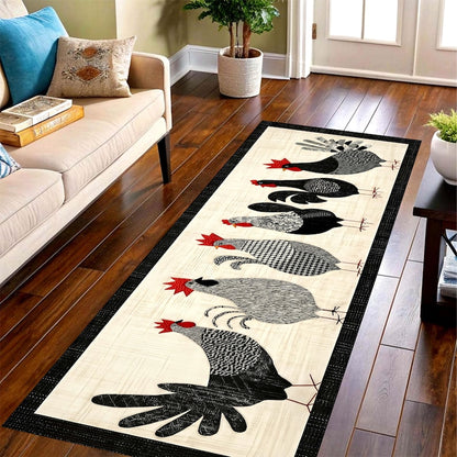 Farmhouse Chicken Parade Runner Rug: Rooster Hen Kitchen Carpet, Non-Slip Machine-Washable