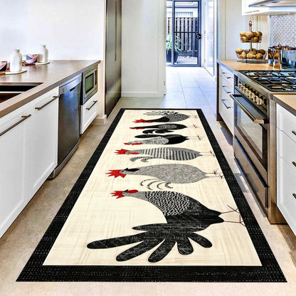 Farmhouse Chicken Parade Runner Rug: Rooster Hen Kitchen Carpet, Non-Slip Machine-Washable