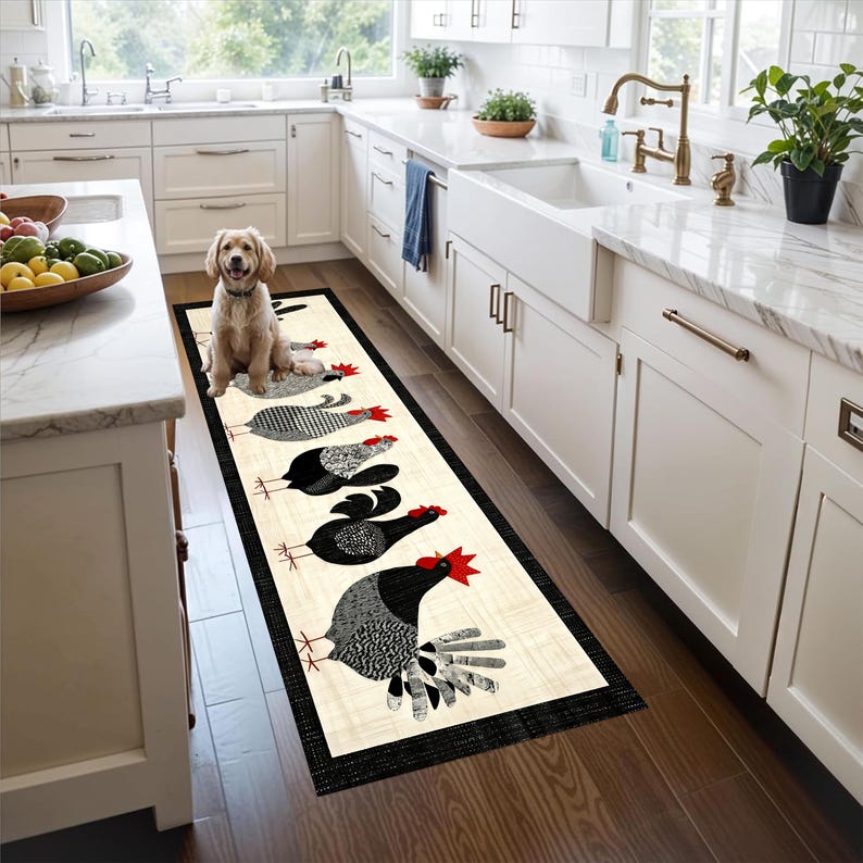 Farmhouse Chicken Parade Runner Rug: Rooster Hen Kitchen Carpet, Non-Slip Machine-Washable