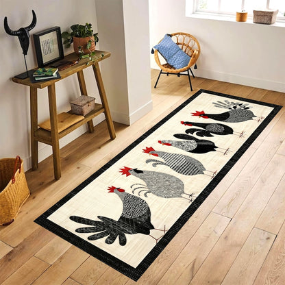 Farmhouse Chicken Parade Runner Rug: Rooster Hen Kitchen Carpet, Non-Slip Machine-Washable
