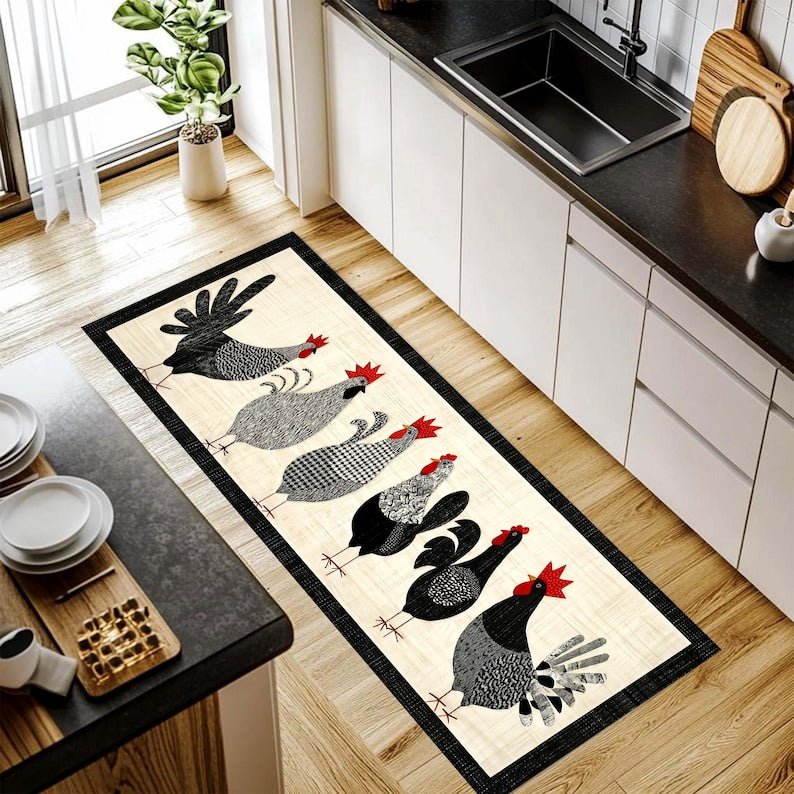 Farmhouse Chicken Parade Runner Rug: Rooster Hen Kitchen Carpet, Non-Slip Machine-Washable