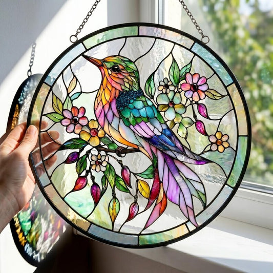 Hummingbird Stained Glass Suncatcher, Colorful Bird & Flower Window Hanging, Elegant Glass Art Decor, Nature Sun Catcher Gift