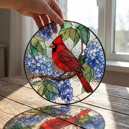Red Cardinal Stained Glass Suncatcher, Blue Hydrangea Bird Window Hanging, Nature Lover Gift, Cardinal Memorial Decor, Garden Glass Art