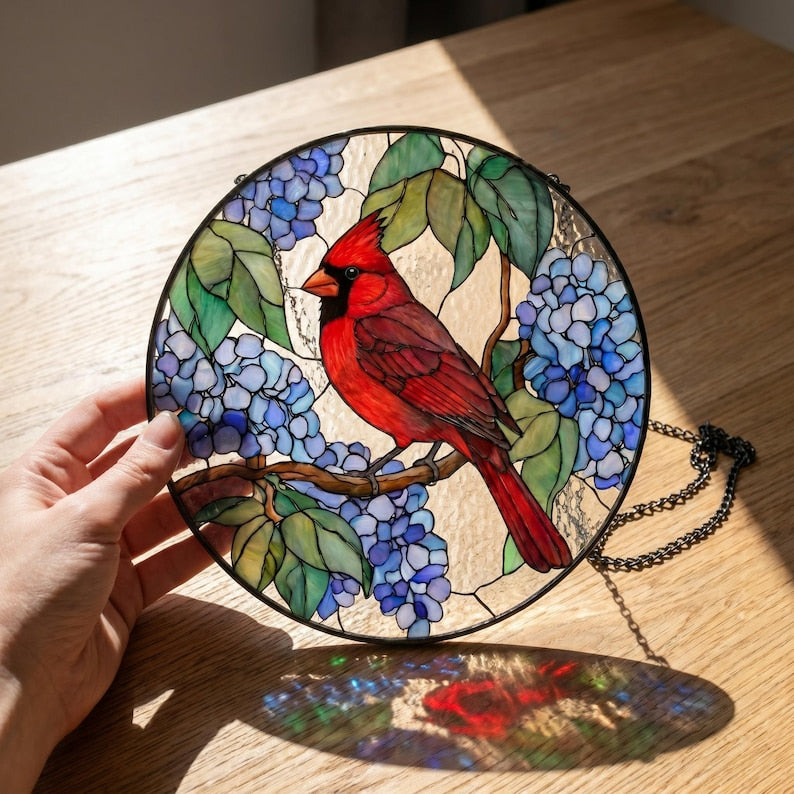 Red Cardinal Stained Glass Suncatcher, Blue Hydrangea Bird Window Hanging, Nature Lover Gift, Cardinal Memorial Decor, Garden Glass Art