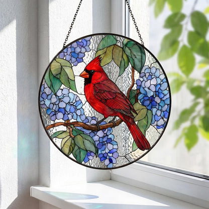 Red Cardinal Stained Glass Suncatcher, Blue Hydrangea Bird Window Hanging, Nature Lover Gift, Cardinal Memorial Decor, Garden Glass Art