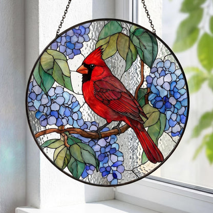 Red Cardinal Stained Glass Suncatcher, Blue Hydrangea Bird Window Hanging, Nature Lover Gift, Cardinal Memorial Decor, Garden Glass Art