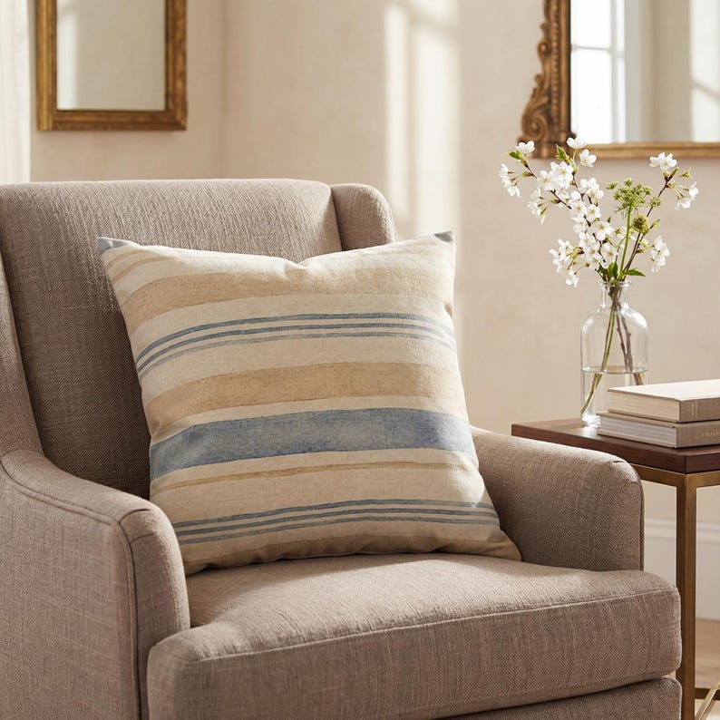 Neutral Coastal Stripe Pillow Cover, Blue Beige Farmhouse Throw Pillowcase, Lake Beach House Decor, Linen Look Cushion Case Home Accent Gift