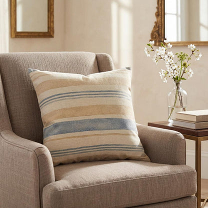 Neutral Coastal Stripe Pillow Cover, Blue Beige Farmhouse Throw Pillowcase, Lake Beach House Decor, Linen Look Cushion Case Home Accent Gift
