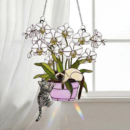 Custom Orchid Cat Suncatcher, Personalized Stained Acrylic Window Hanging, Cute Cats with Purple Flowers, Cat Lover Gift, Home Decor Art