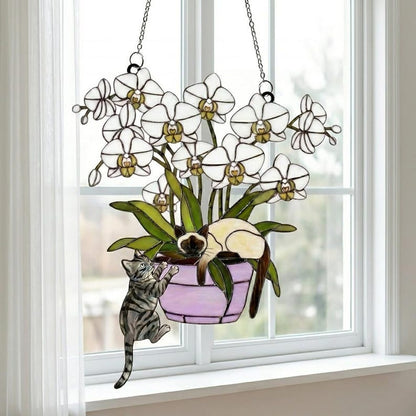 Custom Orchid Cat Suncatcher, Personalized Stained Acrylic Window Hanging, Cute Cats with Purple Flowers, Cat Lover Gift, Home Decor Art