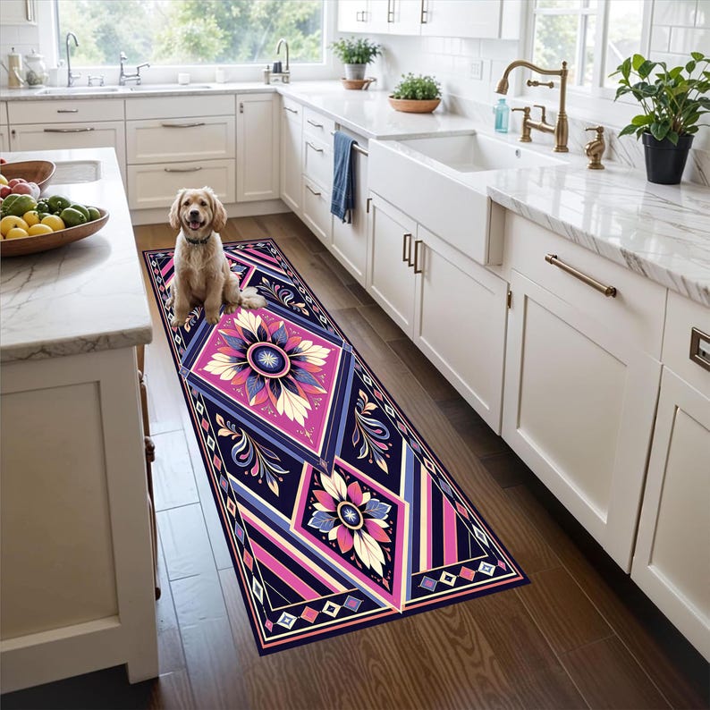 Art Deco Floral Printed Runner Rug: Navy Pink Geometric Hallway Carpet, Non-Slip Machine-Washable