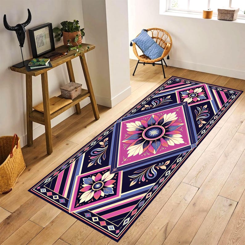 Art Deco Floral Printed Runner Rug: Navy Pink Geometric Hallway Carpet, Non-Slip Machine-Washable