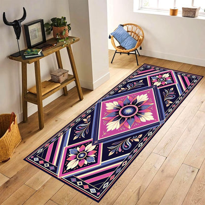 Art Deco Floral Printed Runner Rug: Navy Pink Geometric Hallway Carpet, Non-Slip Machine-Washable
