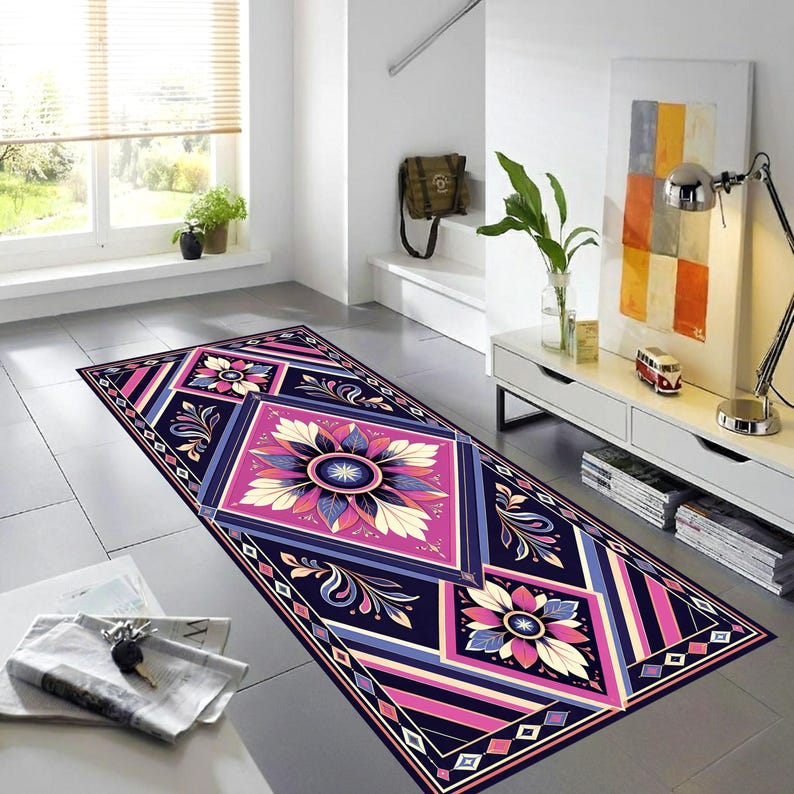 Art Deco Floral Printed Runner Rug: Navy Pink Geometric Hallway Carpet, Non-Slip Machine-Washable