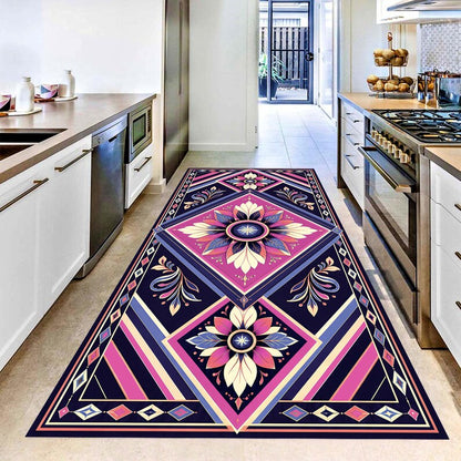 Art Deco Floral Printed Runner Rug: Navy Pink Geometric Hallway Carpet, Non-Slip Machine-Washable