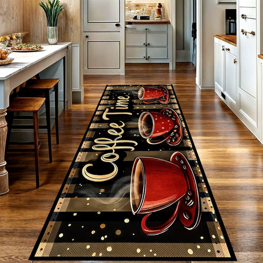 Coffee Time Runner Rug: Red Cup Kitchen Carpet, Non-Slip Machine-Washable