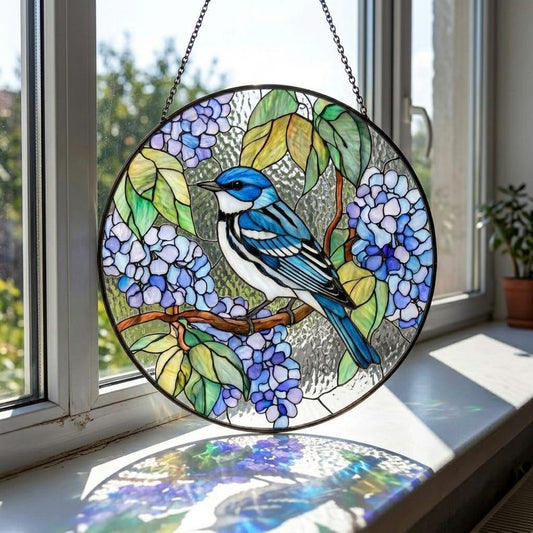 Blue Bird Stained Glass Suncatcher, Hydrangea Flower Window Hanging, Nature Inspired Glass Art, Garden Decor Gift