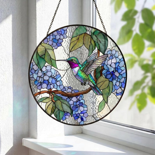 Hummingbird Stained Glass Suncatcher, Hydrangea Flower Window Hanging, Colorful Bird Glass Art, Nature Garden Decor Gift