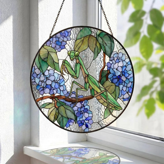 Praying Mantis Stained Glass Suncatcher, Hydrangea Flower Window Hanging, Insect Nature Glass Art, Garden Decor Gift